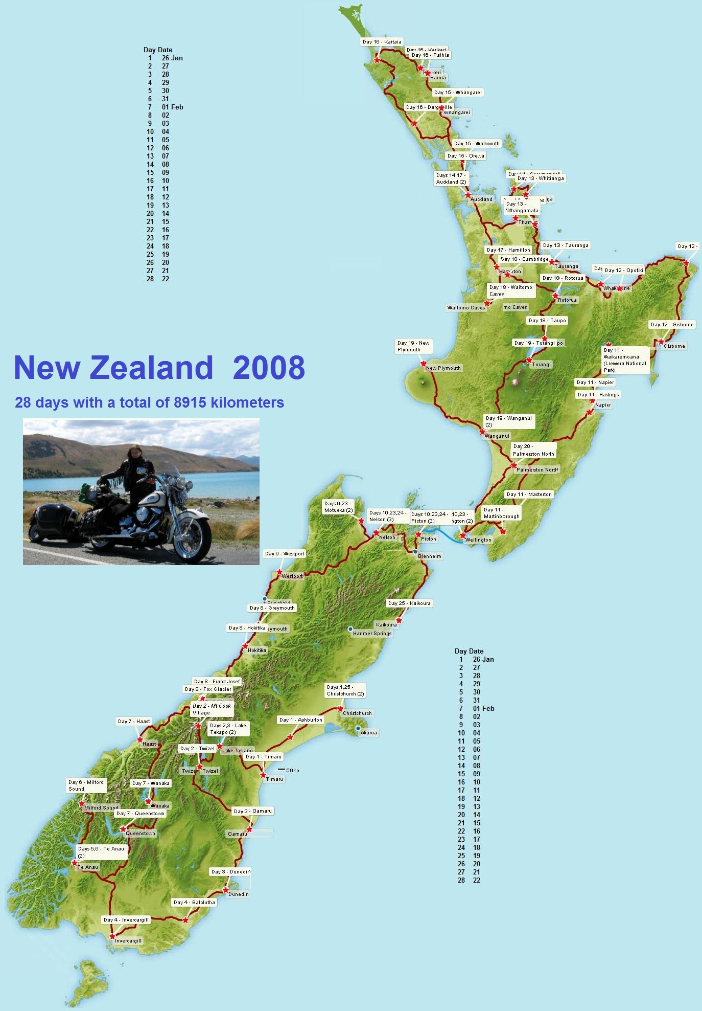 New Zealand travels in 2008 during just 28 days almost 9.000 kilometers